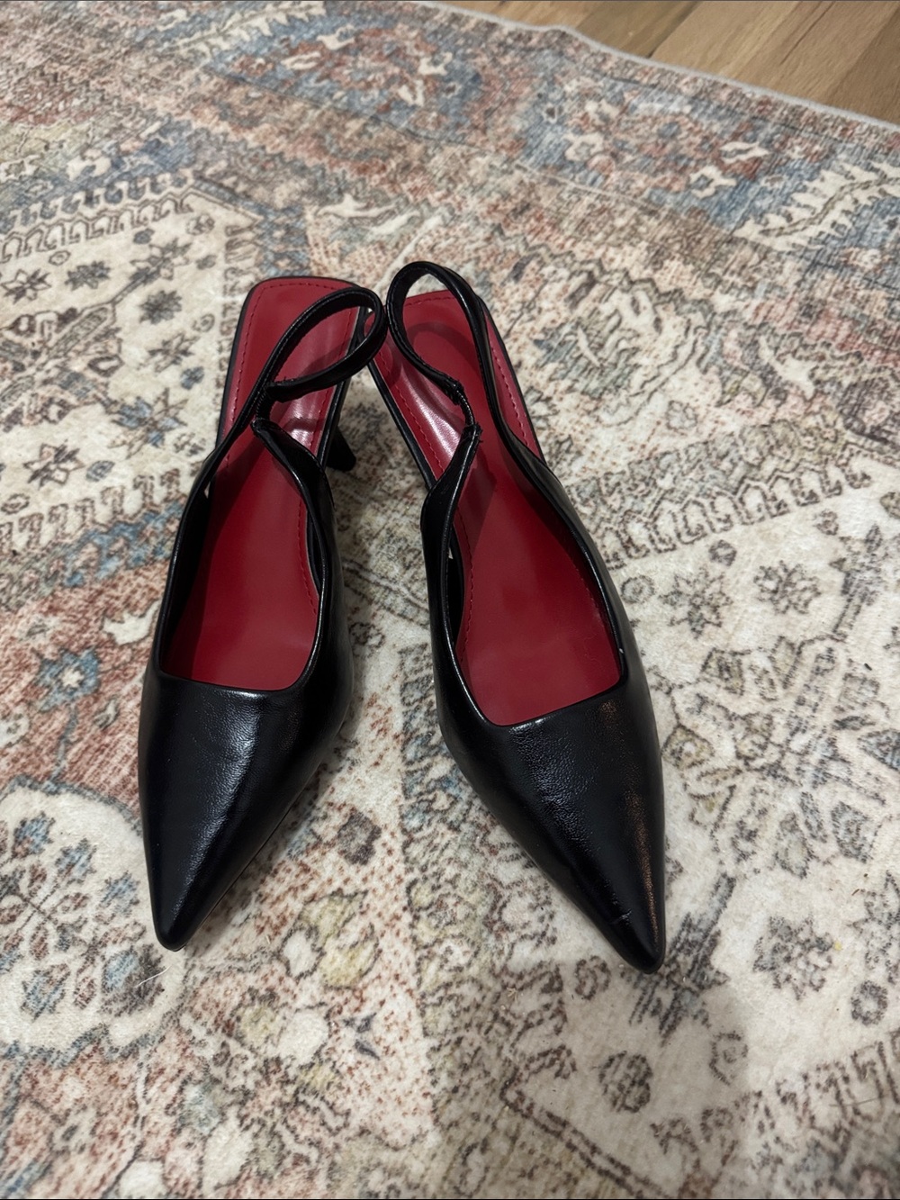 Black Pointed Slingback Pumps with Red Insole
